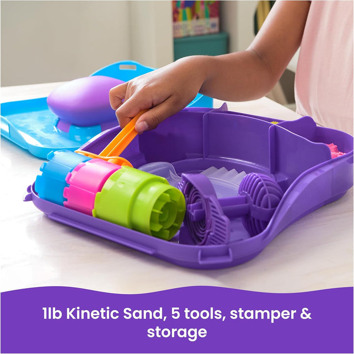 , Squishmotion with 1Lb Pink, Yellow & Blue Play Sand, Stamper & 5 Tools, Storage Case, Sensory Toys for Kids Ages 5 and Up