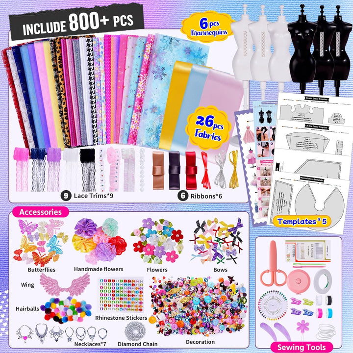 800+Pcs - Fashion Designer Kit for Girls with 6 Mannequins - Arts and Crafts Kit- Sewing Kit for Kid Ages 8-12 -Girl Gift Age 6 7 8 9 10 11 12-Gifts for Teen Girls