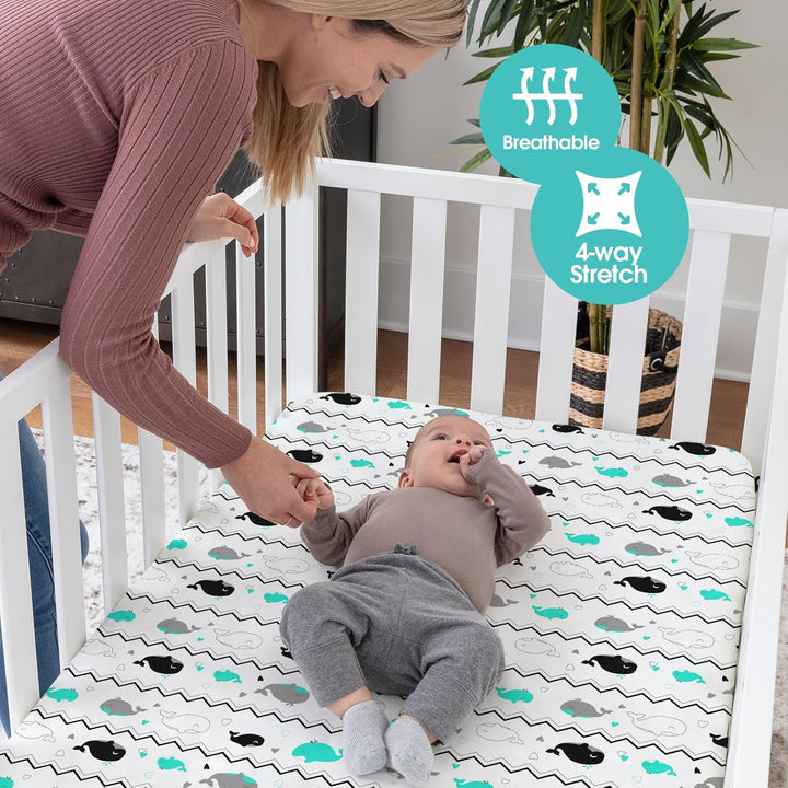 Pack N Play Sheets,  2 Pack Mini Crib Sheets,Stretchy Portable Fitted Playard Sheet Set, Convertible Playard Mattress Cover,Ultra Soft Breathable Material,Elephant Whale