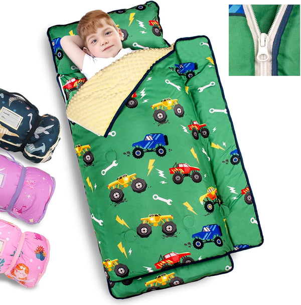 Toddler Nap Mat Extra Large Thickened 55''X35'', Soft Sleeping Bag with Detachable Minky Blanket and Pillow, Portable for Daycare, Preschool, Kindergarten, Travel, Boys and Girls