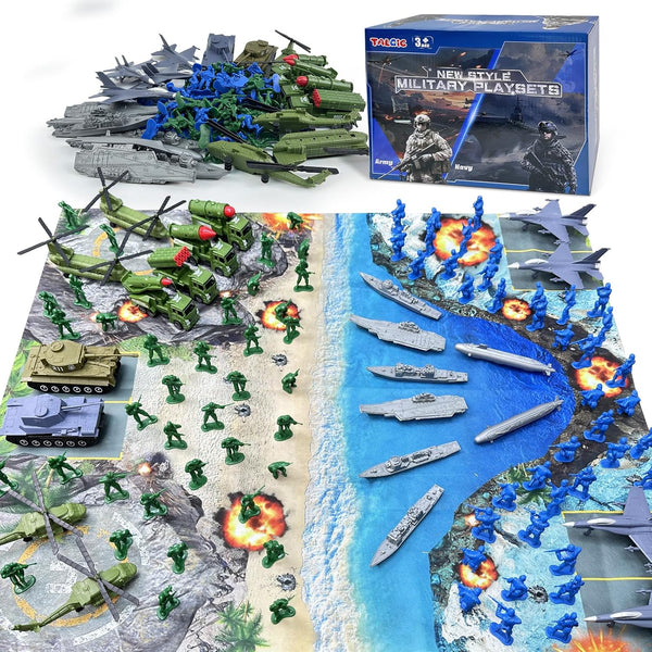Army Men Playset - Large Set Including Army Men Action Figures, Battle Mat, Army and Navy Weapon Gear Accessories, Military Combat Toys, Army Toys for Boys Age 4-12
