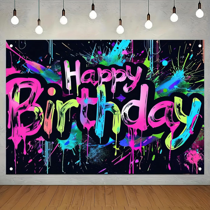 Neon Happy Birthday Banner - 71X43 Photography Backdrops, Party Background Decorations, Colorful Graffiti Splash Paint Kids Birthday Supplies, Glow in the Dark