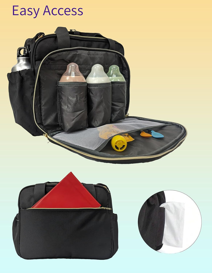 Baby Changing Bag, Crossbody Nappy Bag, Diaper Satchel for Mums and Dads, Black, Medium