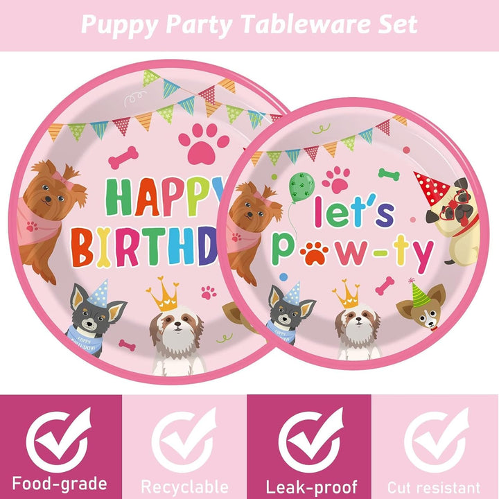 98Pcs Dog Birthday Party Decorations Puppy Tableware Set Plates Napkins Pink Dog Theme Tablecloth for Girls Birthday Lets Pawty Party Supplies Kit Pet Dog Table Cover Dinnerware Paw Print Party Favors