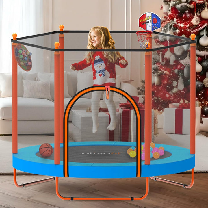 60'' Rebounder Trampoline Indoor Outdoor for Kids Ages 1-8, 5 FT Recreational Toddler Trampoline with Safety Enclosure Net Gifts with Basketball Hoop Dartboard Ocean Bal