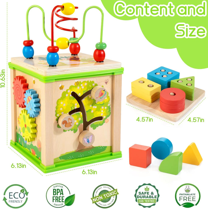 Wooden 7-In-1 Activity Cube| Montessori Toys for 1 2 3 Year Old Toddlers| Baby Educational Developmental Toys |One Year Old Boys Girls First Birthday Gifts |Bonus Sorting & Stacking Board
