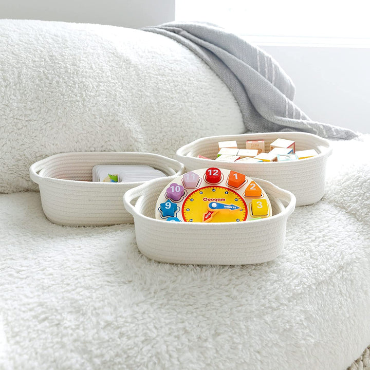 5-Piece Rectangle Storage Basket Set- Natural Cotton Rope Woven for Organizing! Small Basket for Montessori, Baby Nursery, Dog Toy Baskets, Cat Toy Box, Bathroom Organization Bin