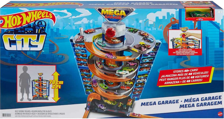 City Mega Garage Playset with Corkscrew Elevator & Storage for 60+ Cars, Includes 1 1:64 Scale Vehicle, Gift for Kids 4 Years Old & Up, HFH03