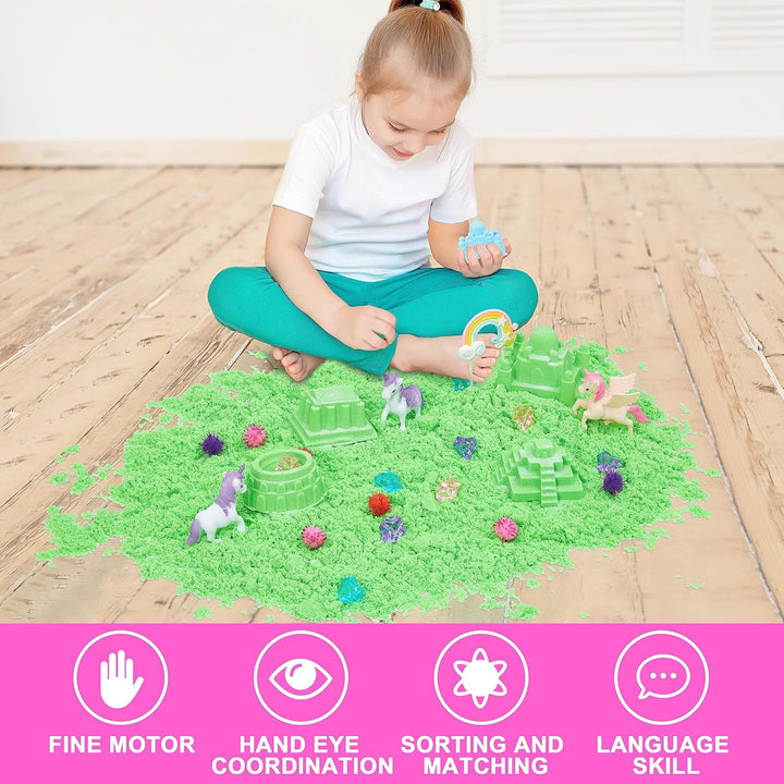Unicorn Sensory Bin, Castle Molds, Sand Art Kit for Boys and Girls, Squishy Sand for Toddlers 3+