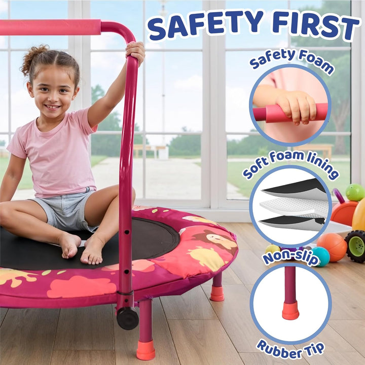 ® 36" Mini Foldable Toddler Trampoline for Kids with Height-Adjustable Handle, Noise-Free Kids Trampoline Indoor with Super Safety Pad & Durable Steel Frame, Indoor/Outdoor