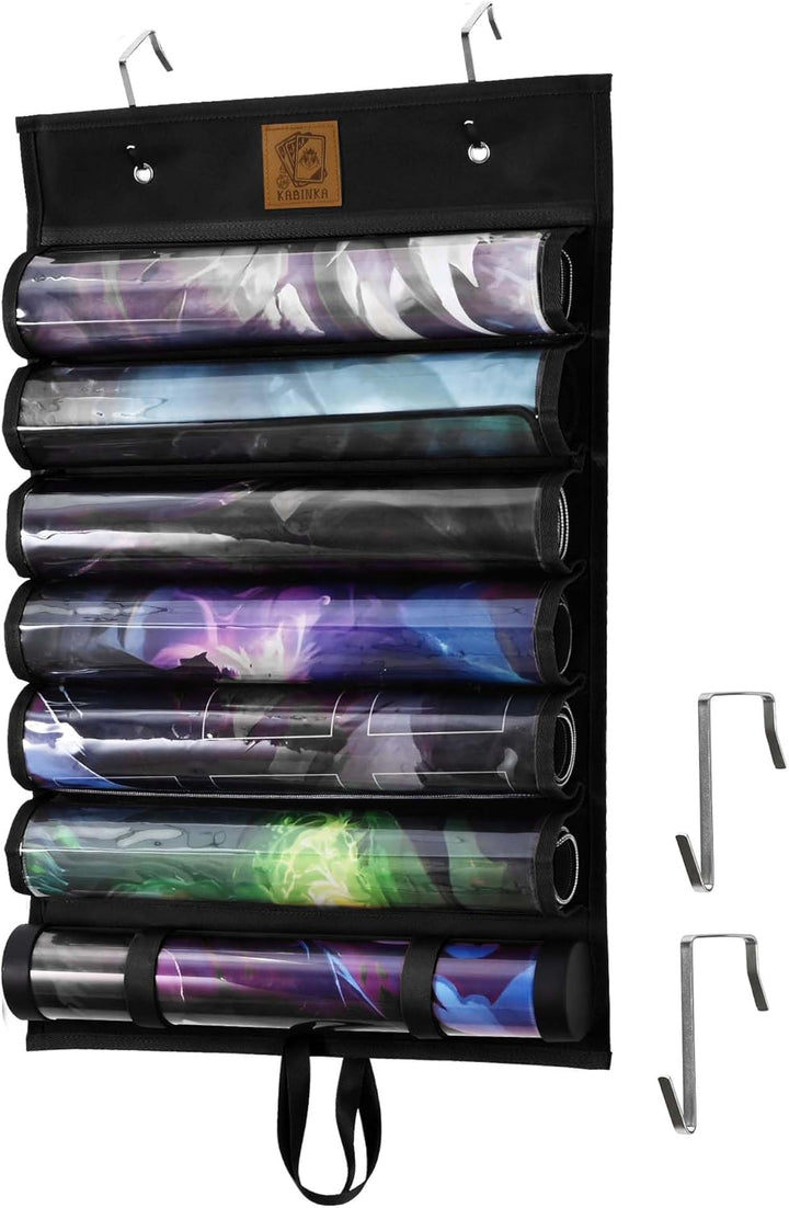 Playmat Holder, Playmat Tube Storage Bag for MTG with 2 Hooks, Fits 12+1 Card Game Playmats with Transparent Plastic Slots, Portable Organizer Rack for TCG/RPG Mat (12 Tubes, Black)