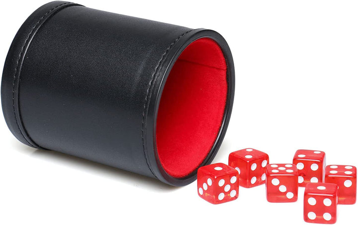 Felt Lined PU Leather Dice Cup Set with 6 Dot Dices (Black, Pack of 1)