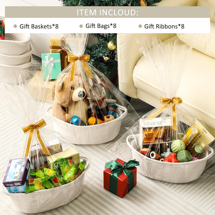 8 Pack Small Woven Basket with Gift Bags and Ribbons, All 12"X 8"X 5", Empty Decorative Gift Chest Box, Cute Baby Gift Basket for Nursery, Cotton Rope Room Shelf Storage Basket with Handles, White