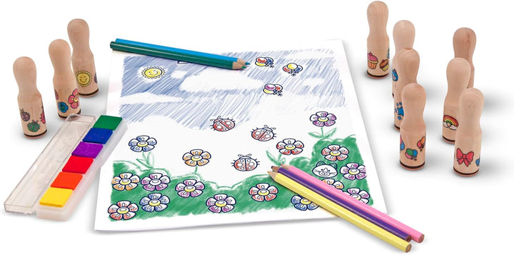 Deluxe Happy Handle Stamp Set with 10 Stamps, 5 Colored Pencils, and 6-Color Washable Ink Pad