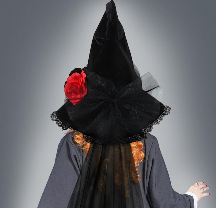 Gothic Witch Hat with Lace Trim, Black Velvet, Red Rose, Halloween Costume Accessory