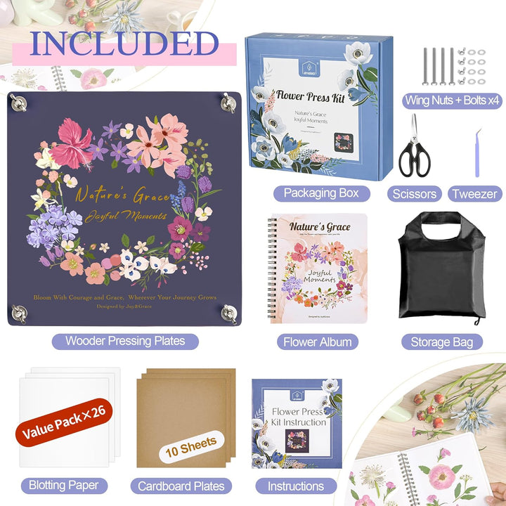 Flower Press Kit for Adults & Kids, with Designed Cover and DIY Album, 10.9" X 10.9" 10 Layers Flower Preservation Kit, Plant Press and Large Plant Drying Toolkit (Color Box, Purple Navy)