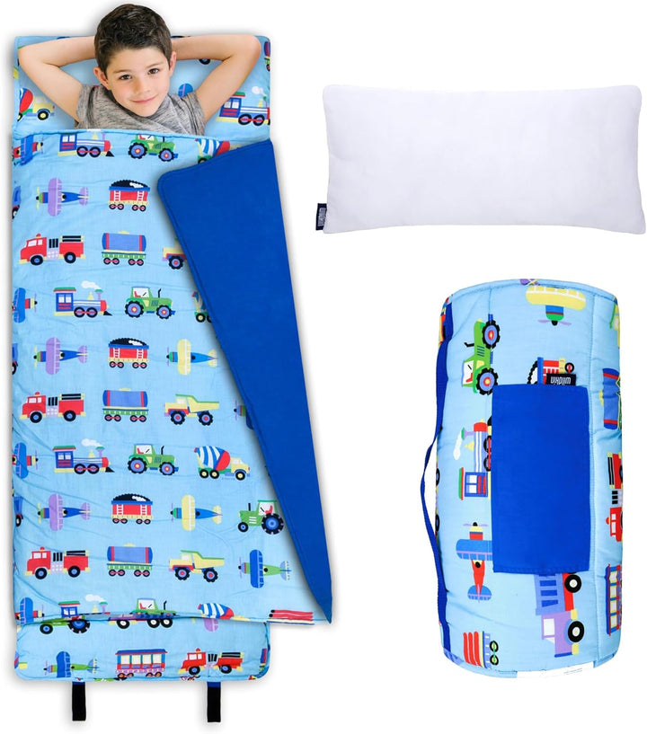 Kids Original Nap Mat – Cozy Kids Sleep Mat with Pillow, Ideal for School & Travel - Trains, Planes, and Trucks