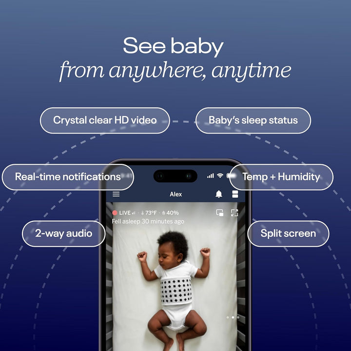 Pro Smart Baby Monitor & Wall Mount – 1080P Secure Wi-Fi Video Camera, Sensor-Free Sleep & Breathing Motion Tracker, 2-Way Audio, Sound & Motion Alerts, Night Vision, and Breathing Band - White