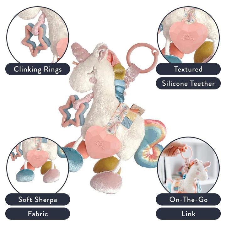 Link & Love Toy for Stroller or Car Seat; Features Textured Ribbons, Crinkle Sounds, Clinking Rings & Silicone Teether; Designed for Ages 0 Months and up (Unicorn)