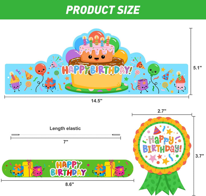 108 Pcs Birthday Crowns Party Hats for Kids Classroom, Include Happy Birthday Badge Stickers, Elastic Band and Slap Bracelet