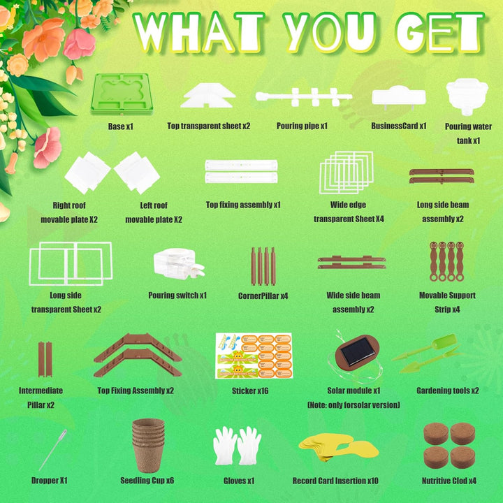 Kids Plant Growing Kit - Kids Greenhouse & Flower Growing Kit with Upgraded Irrigation & Grow Light – Perfect Gardening for Kids（Solar Green）