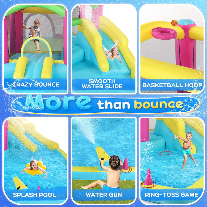 Inflatable Bounce House with Double Water Slide for Kids Toddler Age 3-10, Splash Pool Water Cannons, Ring-Toss Games for Outdoor Backyard Fun Water Toys, Indoor Bouncy Castle with Air Blower