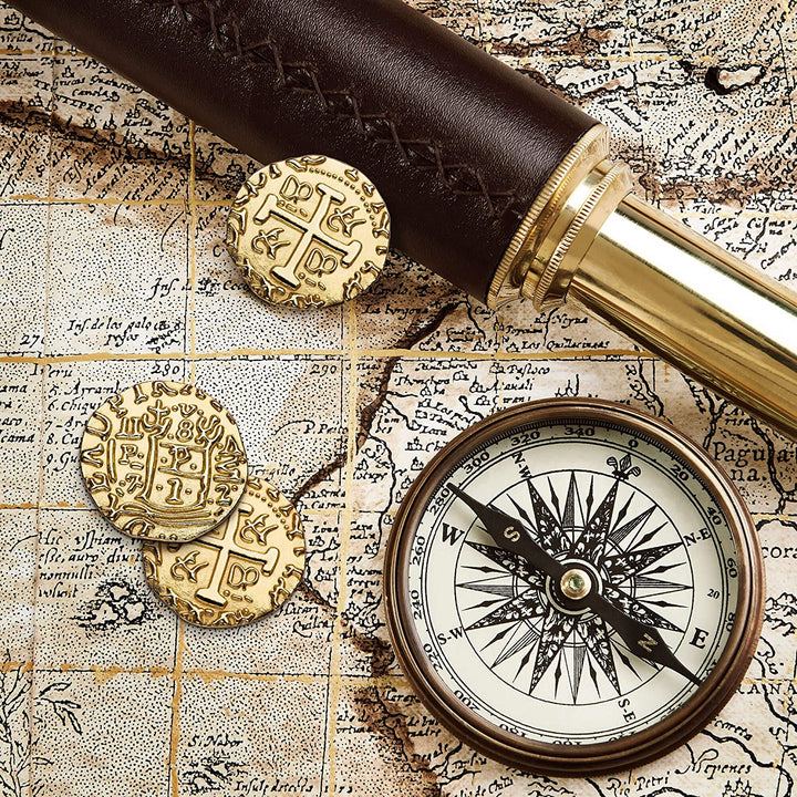Gold Metal Pirate Coins - 35 Gold Treasure Coin Set, Metal Replica Spanish Doubloons for Board Games, Tokens, Toys, Cosplay - Realistic Money Imitation, Pirate Treasure Chest, Medium Size 7/8"