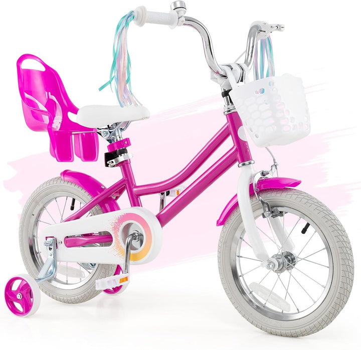 Kids Bike, 12 14 16 18 Inch Girls Bike W/Training Wheels, Doll Seat, Streamers, Handbrake & Coaster Brake, Fully Enclosed Chain, Princess Style Children Bicycle, Gift for Girls 3-8