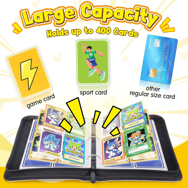 Card Binder – 4 Pocket Zipper Collection Album, Premium PU Holder, Double-Sided Display for 400 Cards, Includes 5 Hard Plastic Sleeves for Game Cards, Sports Cards