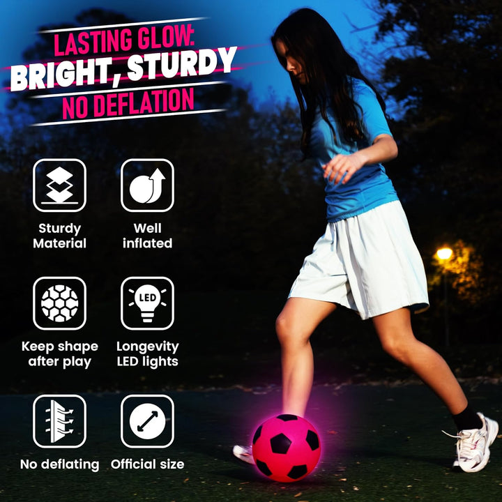 Glow in the Dark Soccer Ball | Sports Gift for Girls Ages 6-15 | LED Light-Up Ball with 3 Extra Batteries and Pump | Pre-Installed Batteries | Size 5 | Indoor & Outdoor Fun Gift for Kids & Teens 8-15