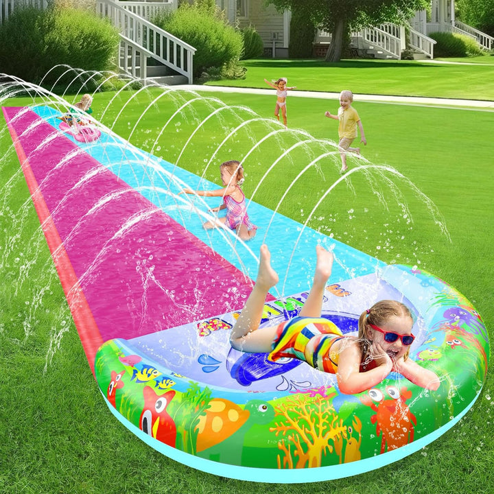 33FT Slip Lawn Water Slide for Kids Adults, Extra-Long Double Lanes Heavy Duty Slides & Side Fences, Giant Water Slide with Splash Pool, 2 Inflatable Bodyboards, Slip Backyard Summer Water Play Toy