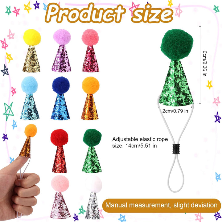 10Pcs Mini Party Hats for Stuffed Animals, Tiny Adjustable Cone Hats Dinosaur Toys Dolls Crafts with Shiny Pom Poms for Teddys Dog Cat Kids Birthday Cake Decorations Party Accessories