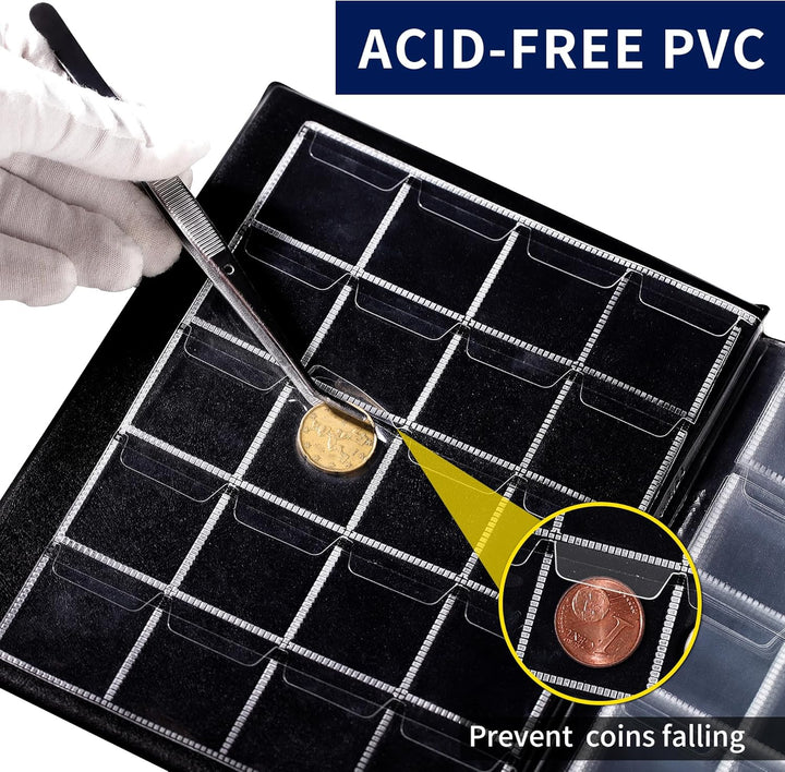 200 Pockets Coin Album - Coin Collecting Book with 10 Pages, 33X33 Mm Grid Holder for Pounds Pence Cents Dollars Nickel (Black) CS48200BK