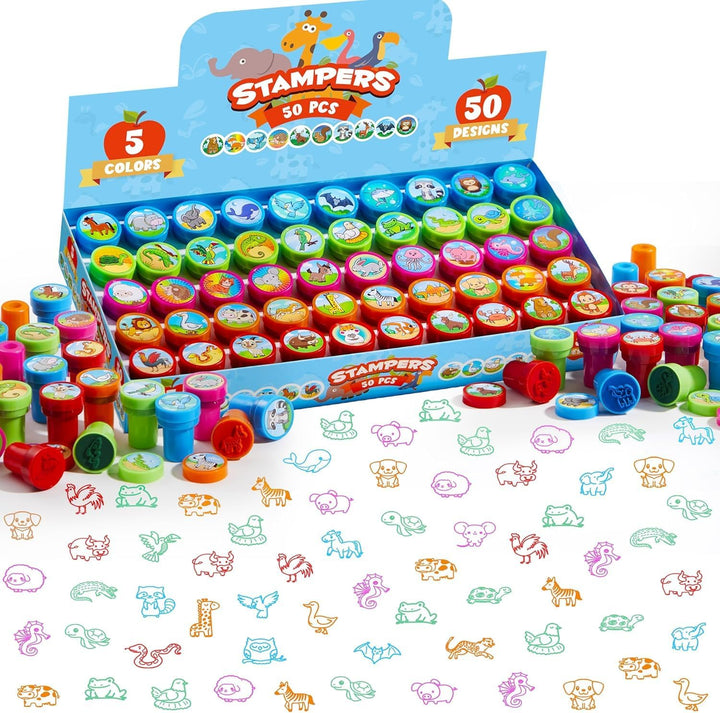 50 Pcs Assorted Stamps for Kids - Self-Ink Stamps with 50 Designs for Birthday Party Favor, Carnival Prizes, School Stampers, Goodie Bag, Halloween, Christmas (Zoo, Holiday Stampers)