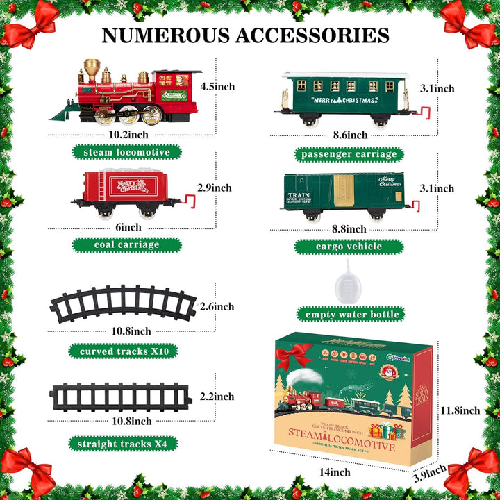 Christmas Train Set, Electric Train with Water Steam, Sounds & Lights, Model Train Set for under the Xmas Tree, Railway Kit Gifts for 3, 4, 5, 6, 7, 8+ Year Old Boy & Girl
