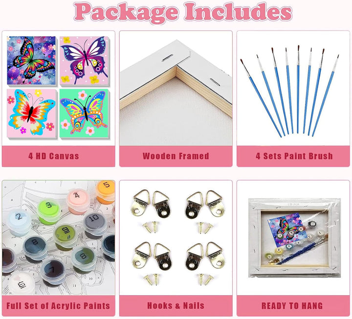 4 Pack Butterfly Paint by Number for Kids with Wooden Frame, Paint by Numbers for Kids Butterflies Ages 4-8-12, Easy Painting with Numbers DIY Acrylic Oil Painting Kits for Home Wall Decor (8X8 Inch)