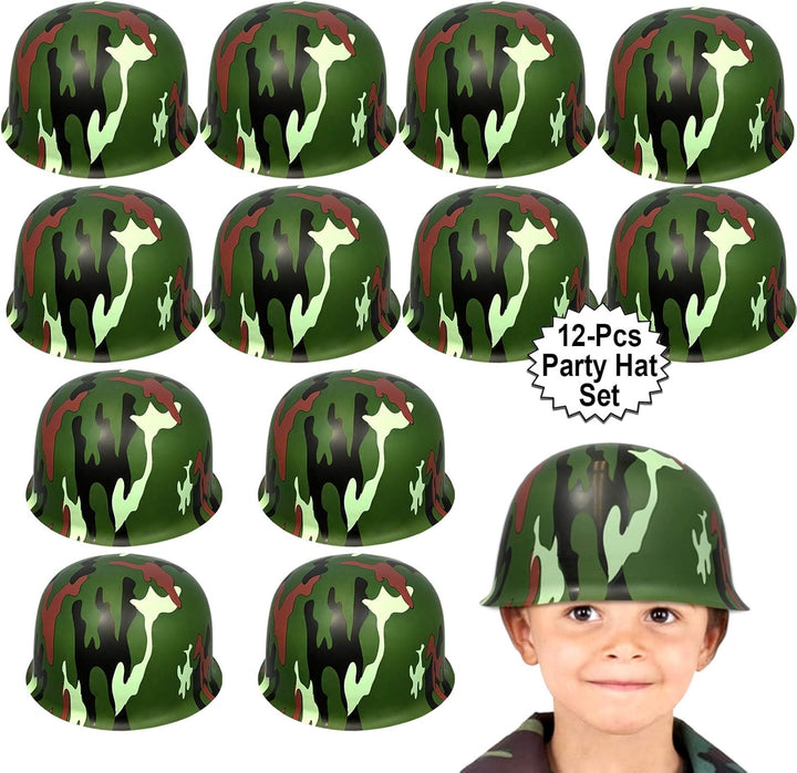 Army Helmets for Kids | 12 Count Plastic Camouflage Hats | Soldier Helmet Party Favors | Camo Costume Dress up Hat