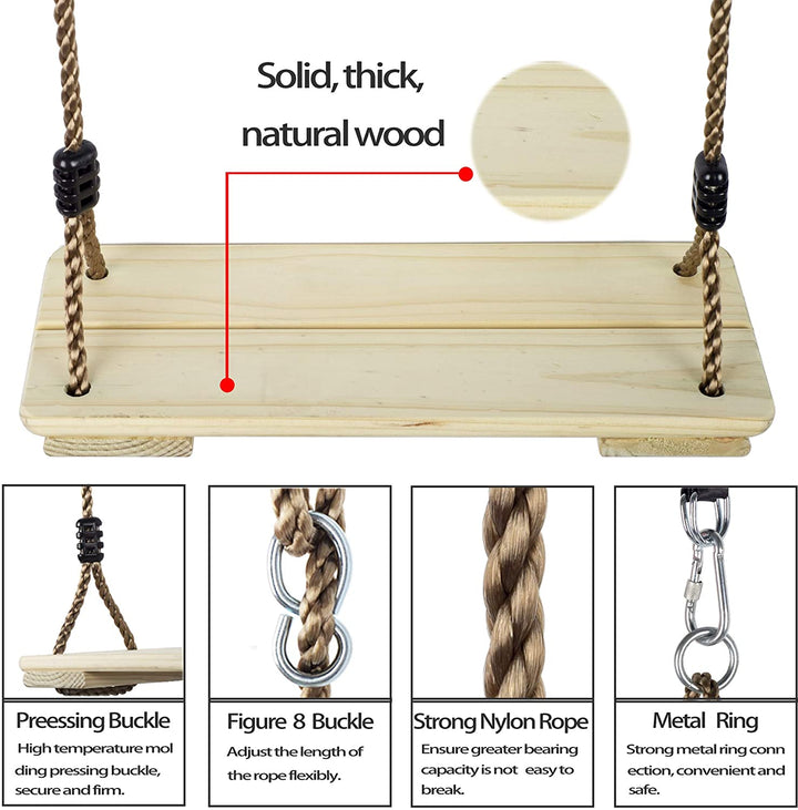 Wooden Swing Seat, Nostalgic Outdoor Wood Swing for Kids Adults, Tree Straps Set Accessories for Backyard Patio Garden Playground, Height Adjustable (Raw Wood)