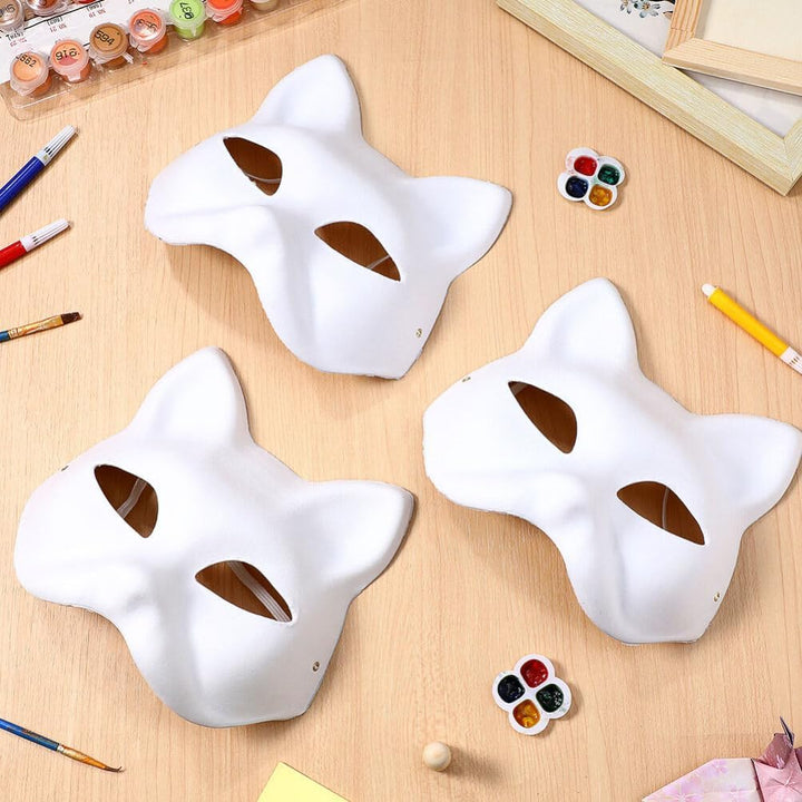 6Pcc Cat Mask Therian Masks White Cat Masks Paper Fox Masks Blank Mask Unpainted Wolf Animal Half Facemasks DIY Paint Masquerade Mask Costume Prop for Carnival Cosplay Dance Party Favors