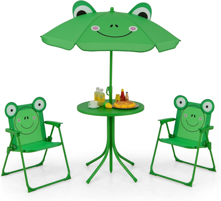 Kids Picnic Table, Kids Outdoor Table with 2 Folding Chairs, Height Adjustable Umbrella, Portable Children Outdoor Furniture for Patio, Garden, Backyard (Green)