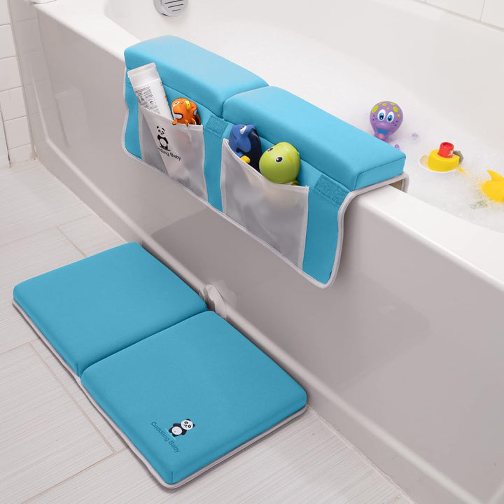 Bath Kneeler and Elbow Rest Pad Set - 2PC Premium Baby Bath Mat Set - Non-Slip Kneeling Pad with Storage Pockets - Machine Washable, Durable Foam Pad Bundle - Gray