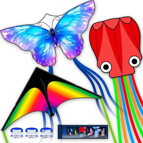 3 Piece Set Butterfly Delta Octopus Kites for Kids and Adults，Easy to Fly for Outdoor Adults Children Line Kite for Kids Toy (Gradient Grassland Rainbow+Octopus Red+Blue Dreamy Butterfly, 3)