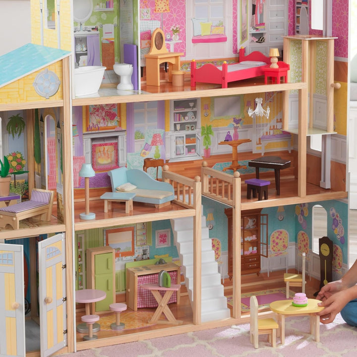 Majestic Mansion Wooden Dollhouse with 34-Piece Accessories, Working Elevator and Garage, Gift for Ages 3+
