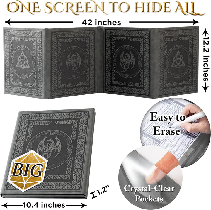 DM Screen for DND with 4 Wider Panels - Crystal Clear GM Pockets - Embossed Faux Leather Dungeon Master Screen with Celtic Knot & Dragon Design for D&D 5E & More