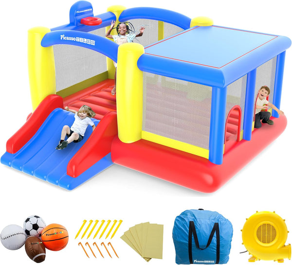 [Upgrade Version]  KC102 12X10 Foot Inflatable Bouncer Jumping Bouncing House, Jump Slide, Dunk Playhouse W/Basketball Rim, 4 Sports Balls, Full-Size Entry, 580W ETL Certified Blower