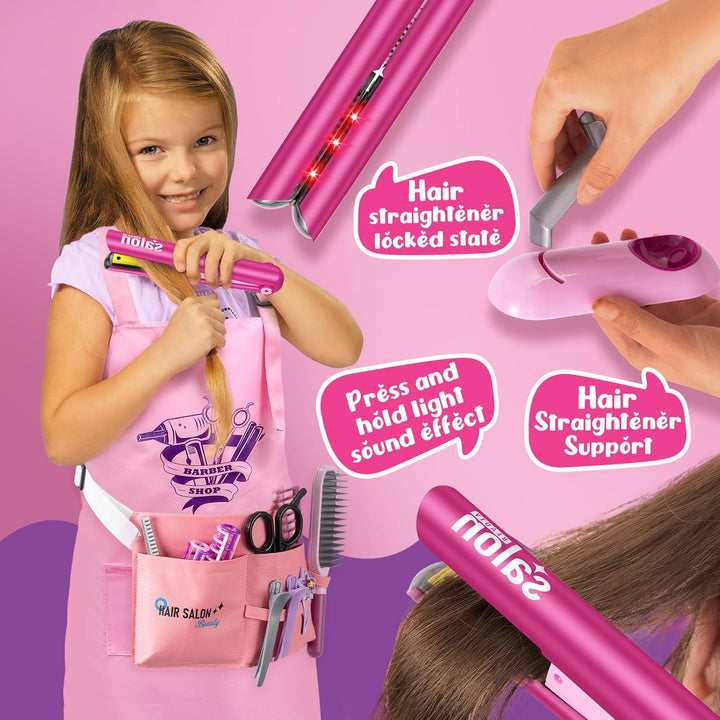 Hair Salon Pretend Play Toys for Girls 3 4 5 6 Year Old, Makeup Playset Toddler Dress up Beauty Hair Stylist Kit with Hairdryer Straightener Apron Portable Box, Birthday Gifts for Girls 4-6