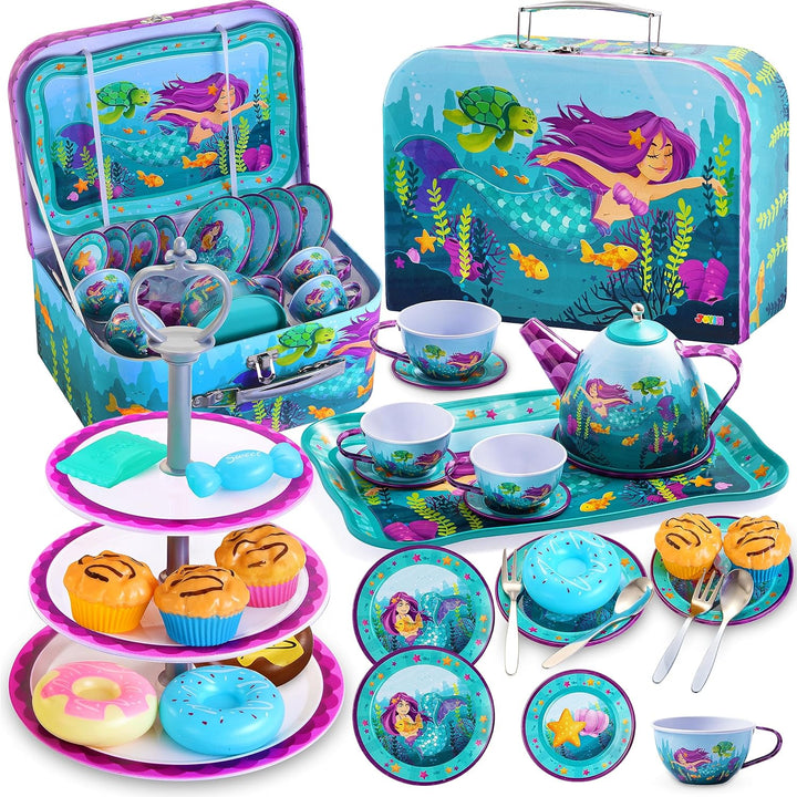 35Pcs Unicorn Tea Party Set for Little Girls, Pretend Tin Teapot Set, Princess Tea Time Play Kitchen Toy with Dessert, Doughnut, Carrying Case for Birthday Easter Gifts Kids Toddlers Age 3 4 5 6