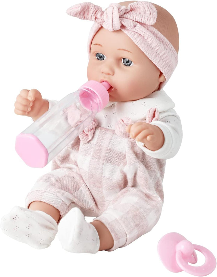 12'' Baby Doll in Gift Box with Pink Cloths, Pacifier, 13''X13'' Microfabric Blanket, and Feeding Bottle. Gift Idea for Ages 3+