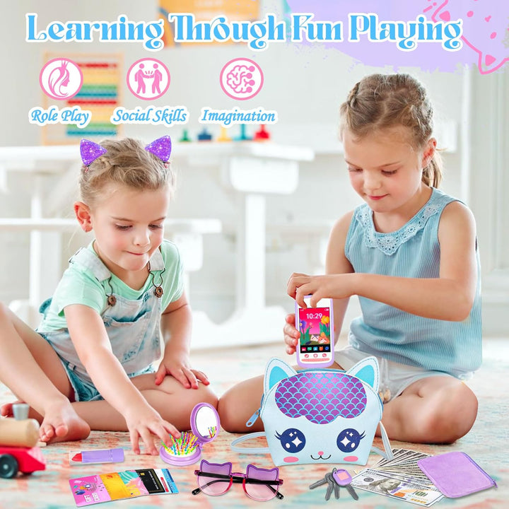 Toddler Play Purse for Little Girls, 30PCS Kids Purse with Pretend Play Princess Toys Includes Crossbody Bag, Phone, Wallet, Cat Sunglasses, Hair Clip, Kids Toy Birthday Gift Toy for Girls 3 4 5 6+