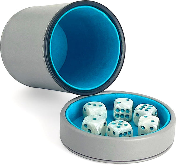 Grey Leather Dice Cup with Lid Including 6 Matching Pearl Dice - Teal Velvet Interior for Quiet Shaking - Use for Liars Dice Farkle Yahtzee Board Games, Grey